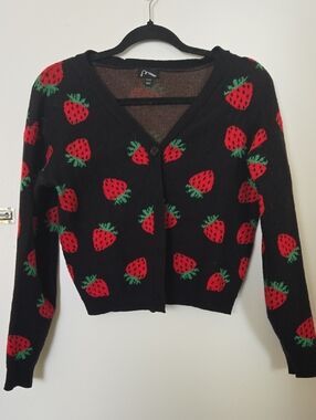 art class Black V-Neck Cardigan with Red and Green Strawberry Motif